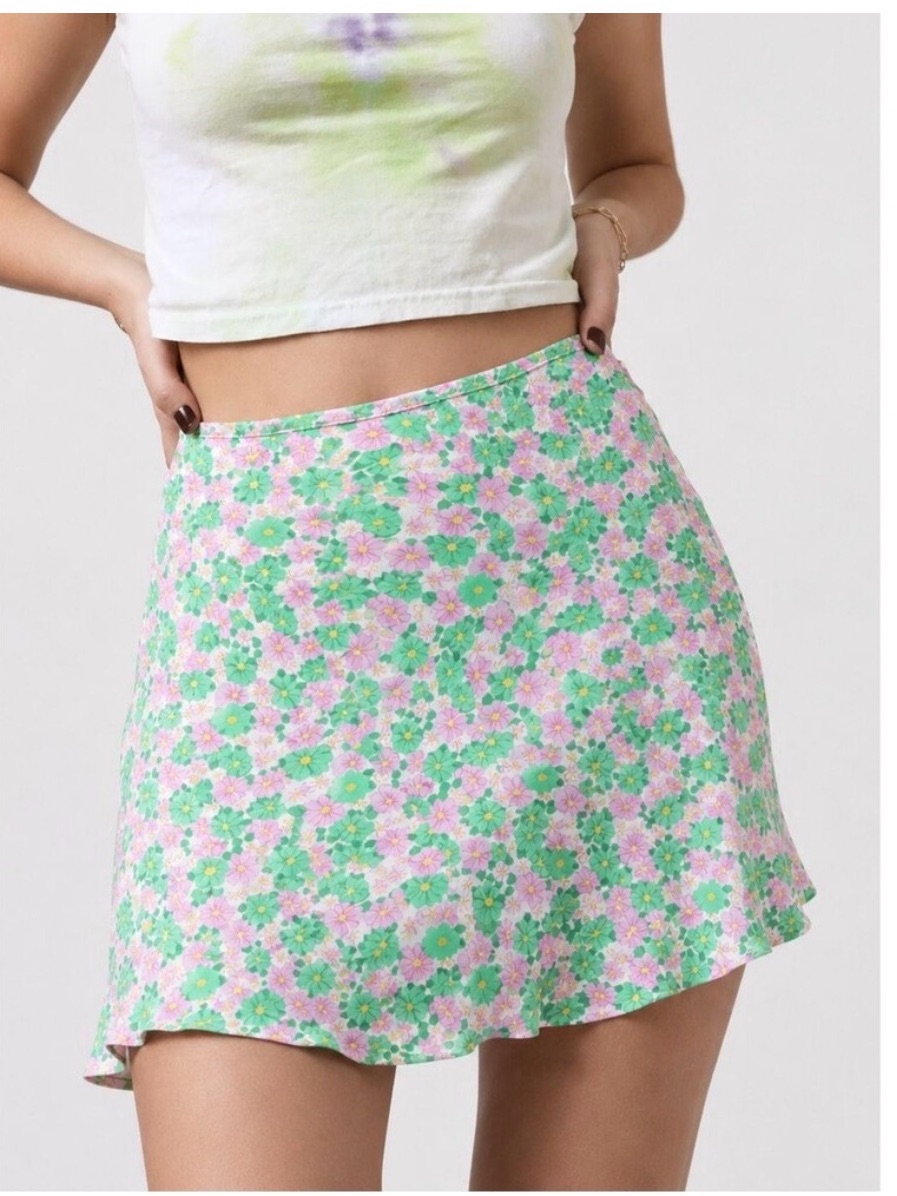 Zara Retro Floral Satin Effect Mini Skirt Nwt Small Pink Green